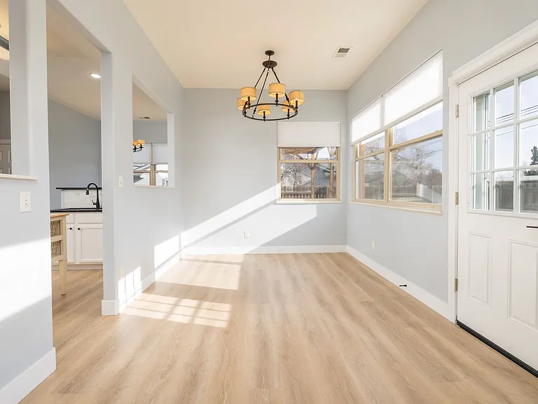 Kitchen on left, door to the yard on right