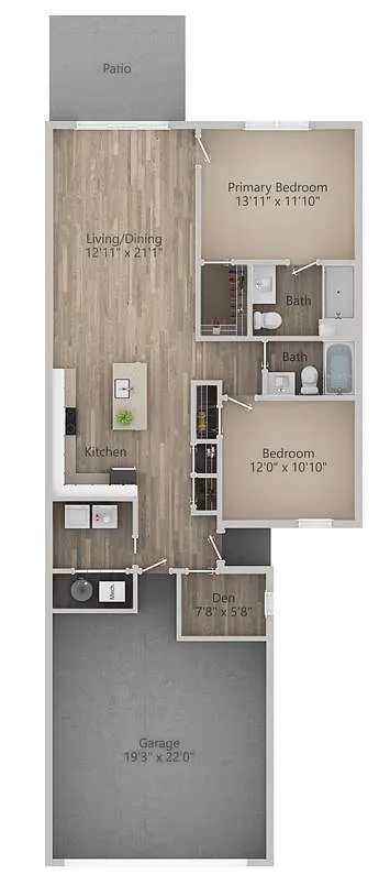 Floor plan 2 Bedroom 2 Bath with Flex Den or Pocket Office
