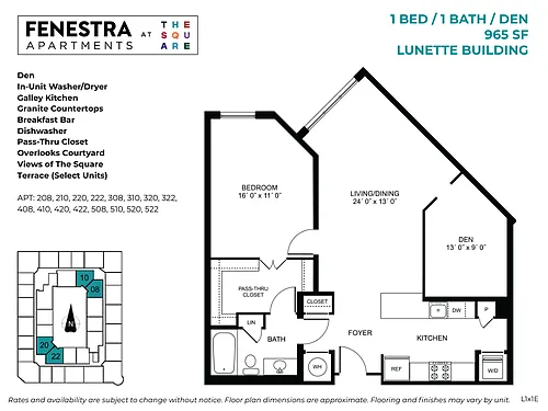Floor plan Lunette - 1 Bed / 1 Bath / Den