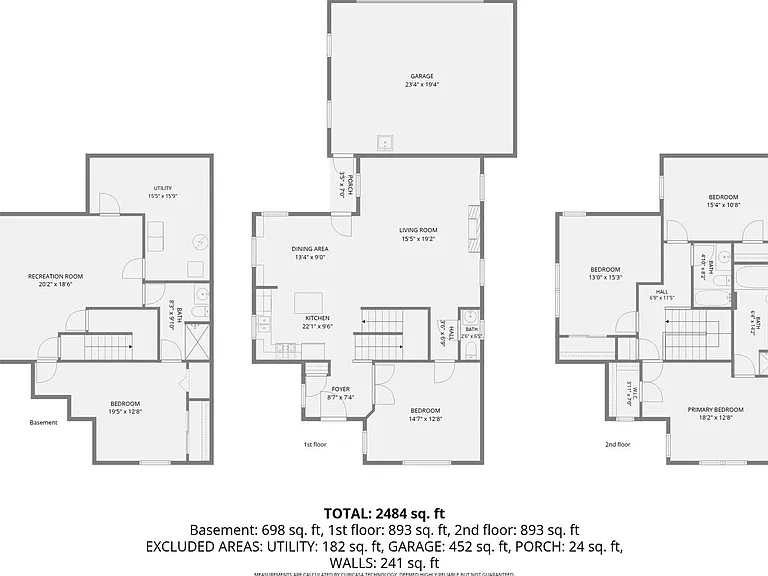 Floor plan of all three floors. Basement (1bd/1ba), Main Floor (1/2 bath) and 1st Floor (3bd / 2ba)