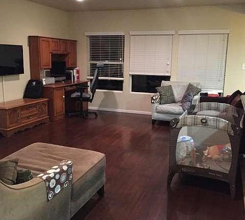 Living room with windows to back yard