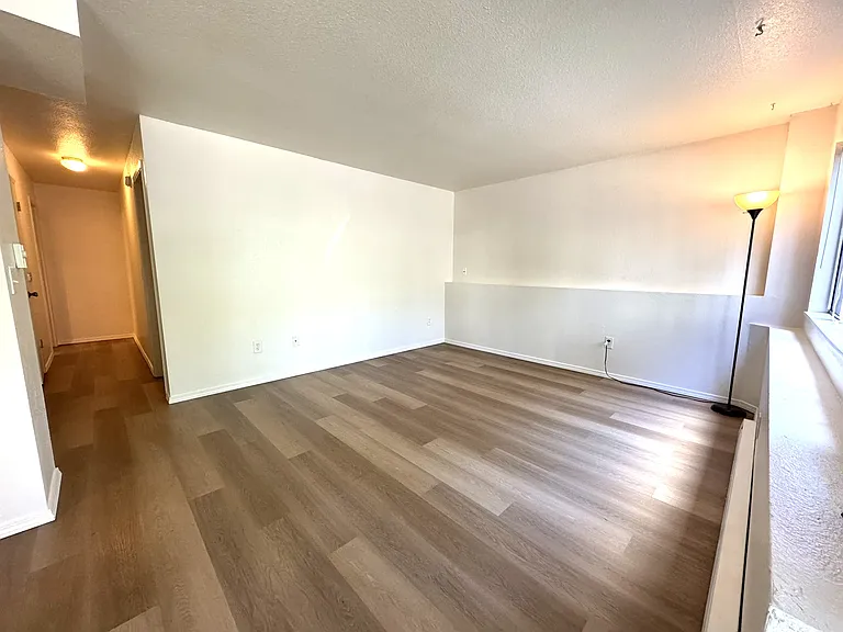 Spacious living area with wood flooring.