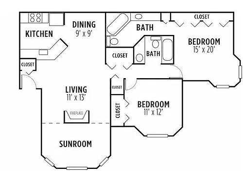 Floor plan 2 Bed 2 Bath Sun Reno