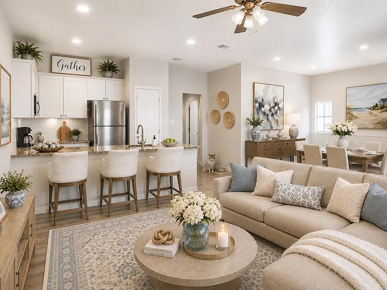 3 Bdrm / 2 Bath Kitchen & living _ Open-concept great room with a dining space