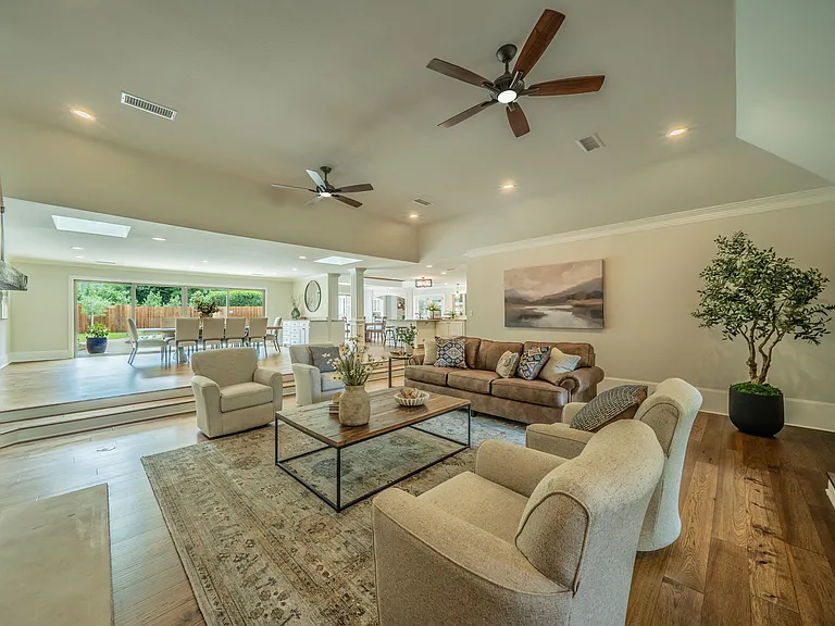 Cozy up by the stone fireplace for a movie night.