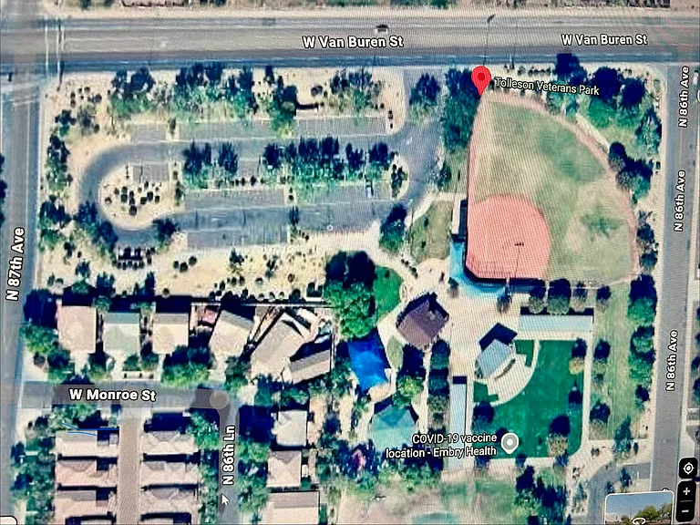 Tolleson Veteran's park layout in Google map