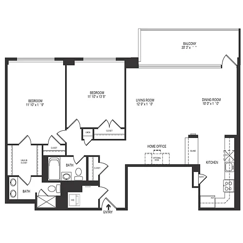 Floor plan 2 Bedroom 2 Bath 1293 SF 22br