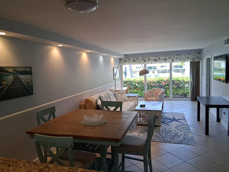 Large open living dining kitchen area.