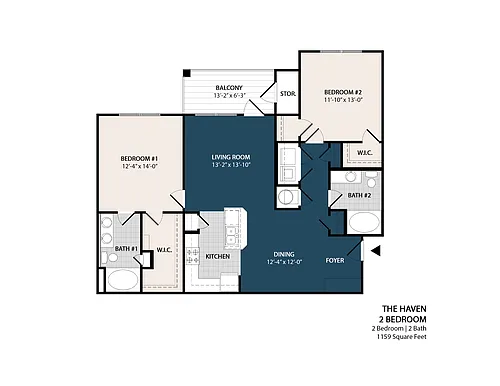 Floor plan 2 Bed 2 Bath - 1,159 Sq. Ft.