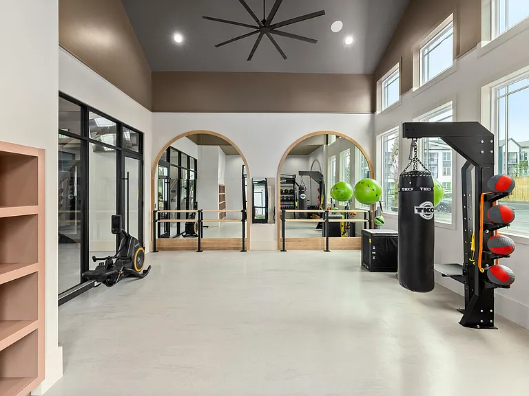 Apartment fitness stretch studio with open workout space, natural light, and wellness-focused fitness amenities.