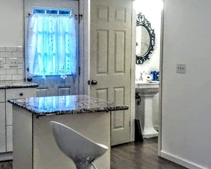 Kitchen and door to bathroom all LVP flooring and high cieling to give a open concept to the studio.
