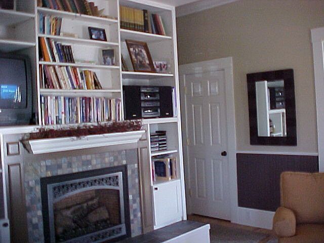 slate surround F/P w/built in bookcase