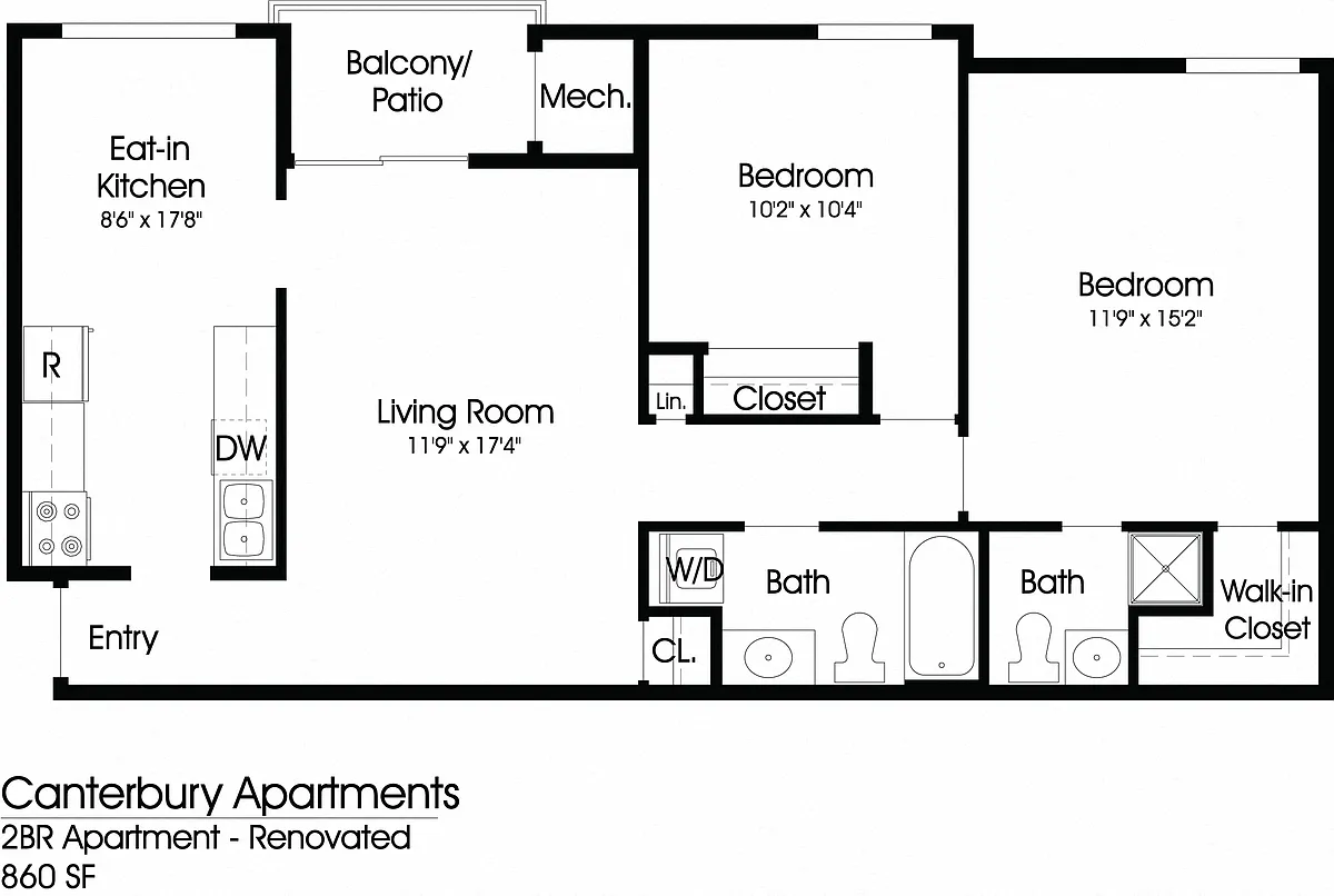 Floor plan 2BR 2BA (860sf)
