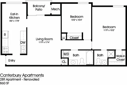 Floor plan 2BR 2BA (860sf)