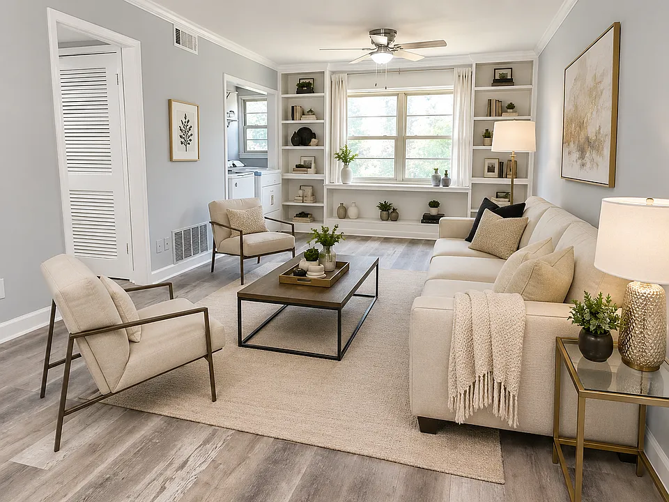 Elegantly remodeled family room with modern finishes and timeless charm with custom built-in bookcases