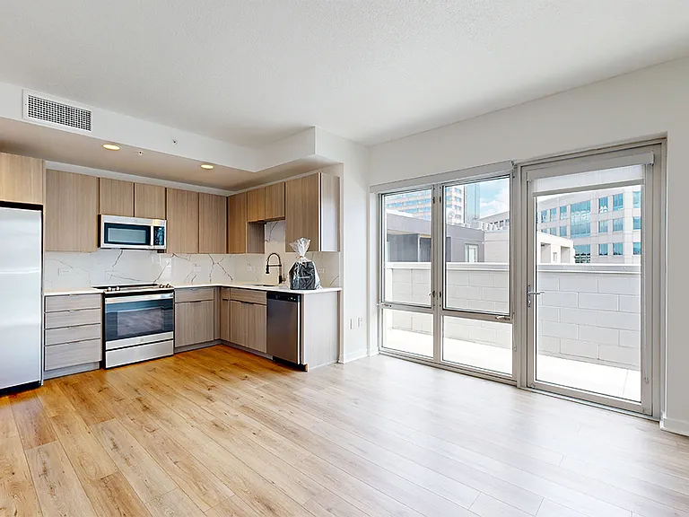 Apartment kitchen with stainless steel appliances, dining and living room with wood-style flooring.
