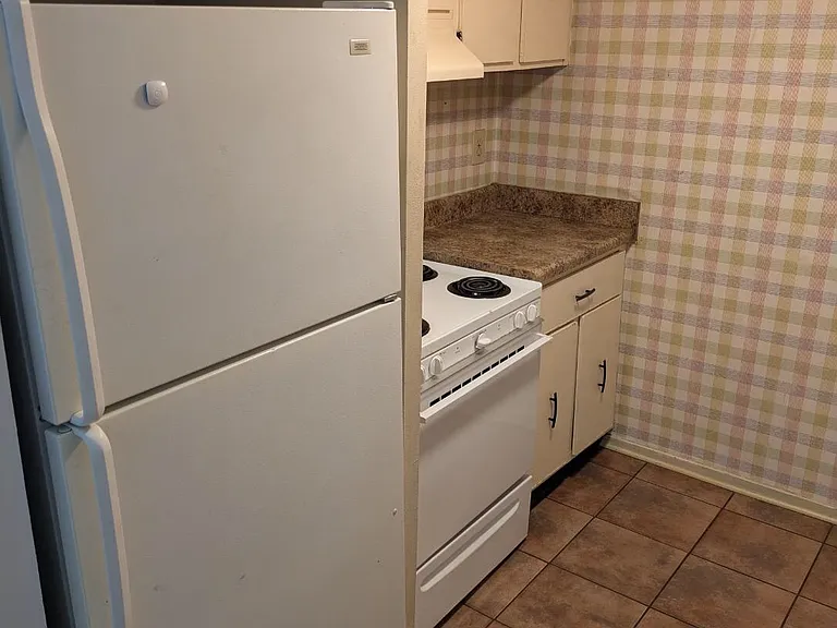 This side of the kitchen has the refrigerator and the stove/oven.