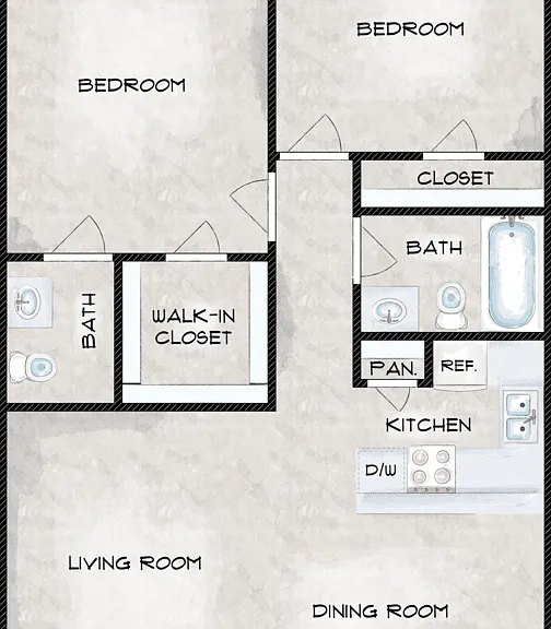 Two Bed One and Half Bath Floorplan Diagram