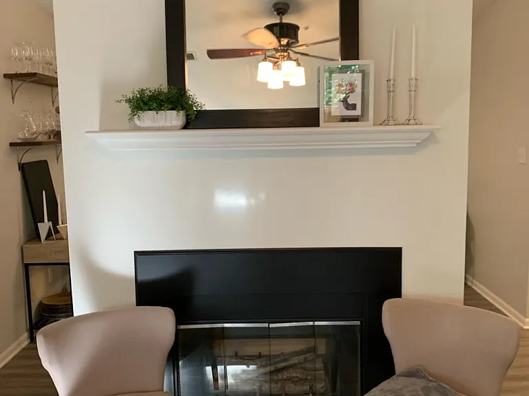 View of fireplace from living room