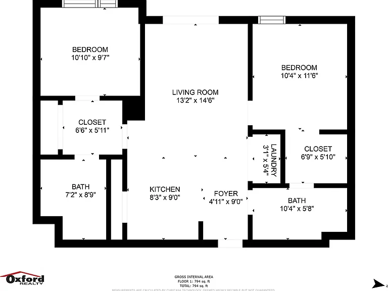 Elegant floor plan showcasing two spacious bedrooms, a well-appointed kitchen, open living room, and modern conveniences in 794 sq. ft. Elegant floor plan showcasing two spacious bedrooms, a well-appointed kitchen, open living room, and modern convenience