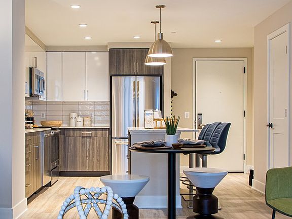 Designer Kitchen with Quartz Counter Tops, Stainless Steel Appliances and Wood-Style Flooring