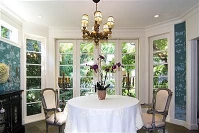 Stunning hand painted wallpaper blends the dining room with the nature outdoors.