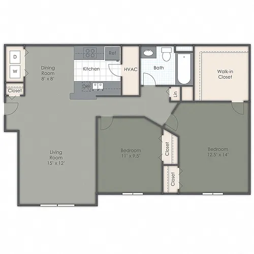 Floor plan B - Two Bedroom, One Bath