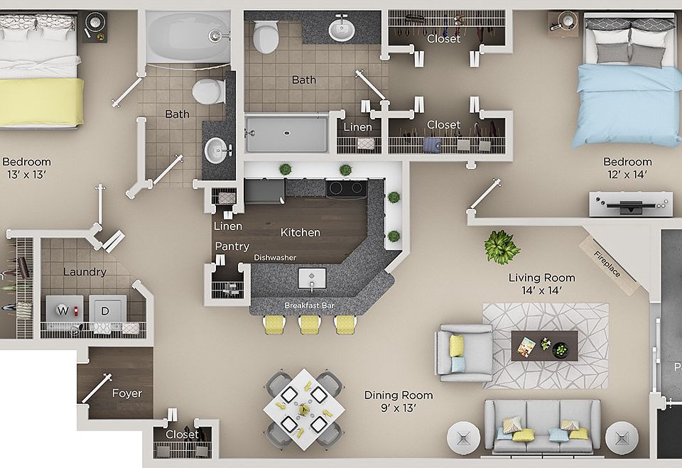 2 Bedroom 2 bath apartment - Layout