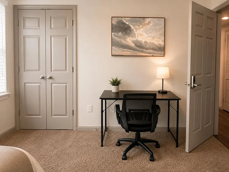 Bedroom includes a dedicated work desk with task lighting, double-door closet storage, and a window with blinds.