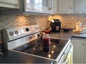 Colorful glass tile backsplash