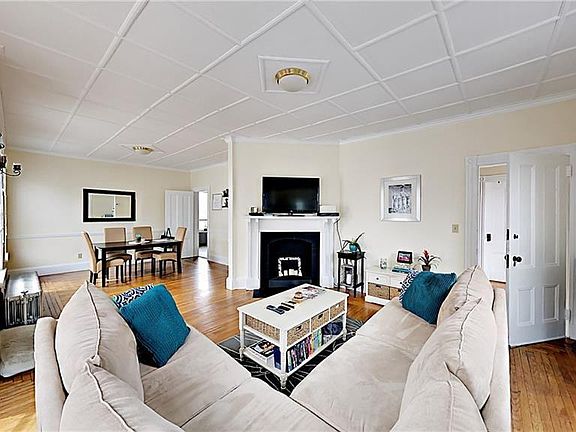 Living Room with decorative hearth.