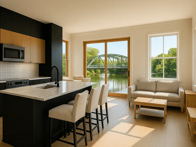 Artist rendering of Westport Crossing apartment kitchen with stainless steel appliances and breakfast bar