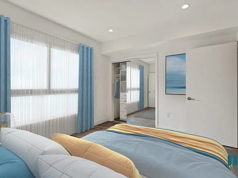 Bedroom with Mirrored CLoset, Recessed Lighting, Vinyl Flooring, and Large-Size Windows
