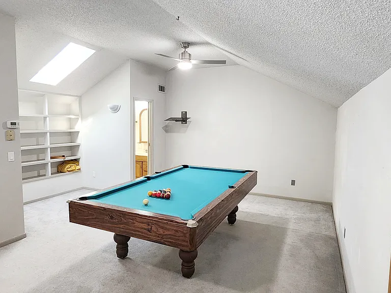 Spacious loft with pool table, skylight, bathroom, and bookshelf