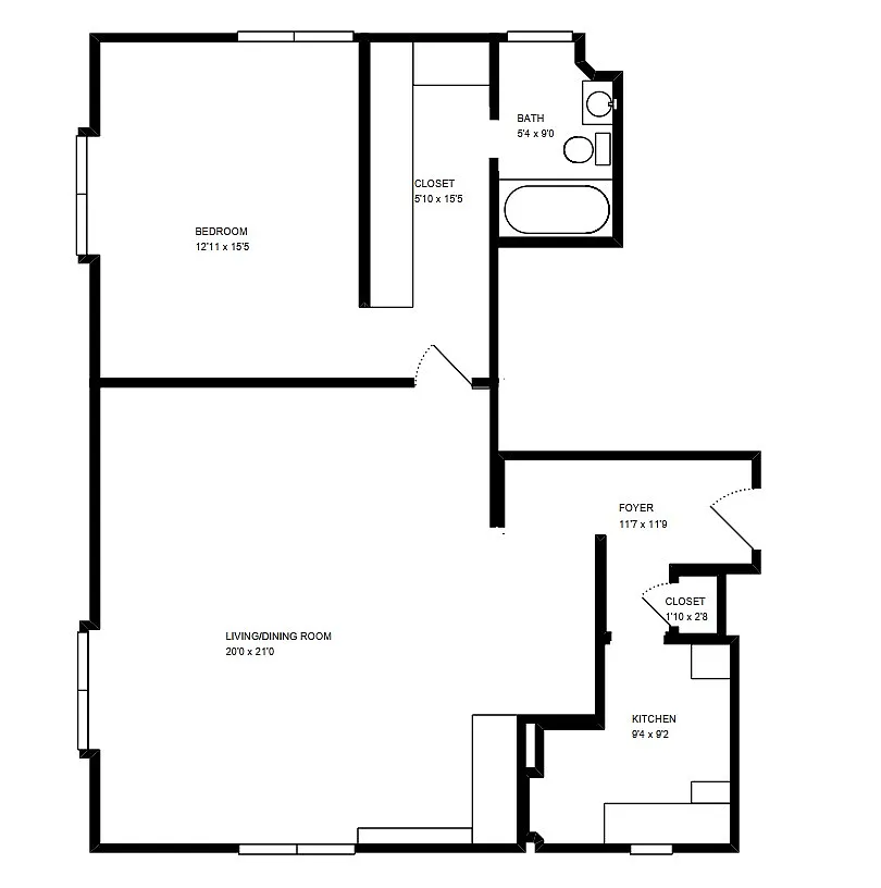 Floor plan Large One Bedroom Garden View