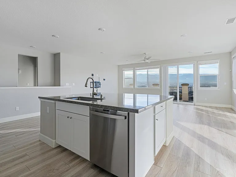 Kitchen island and living room