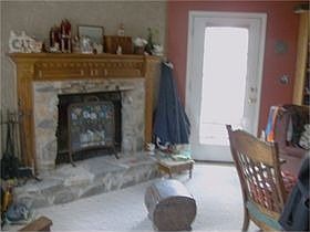 Stone fireplace in living room