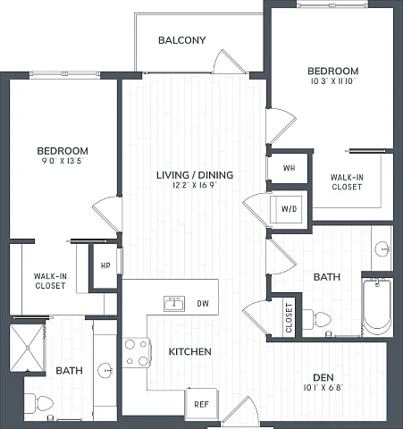 Floor plan B1D | 2 Bed | 2 Bath | DEN