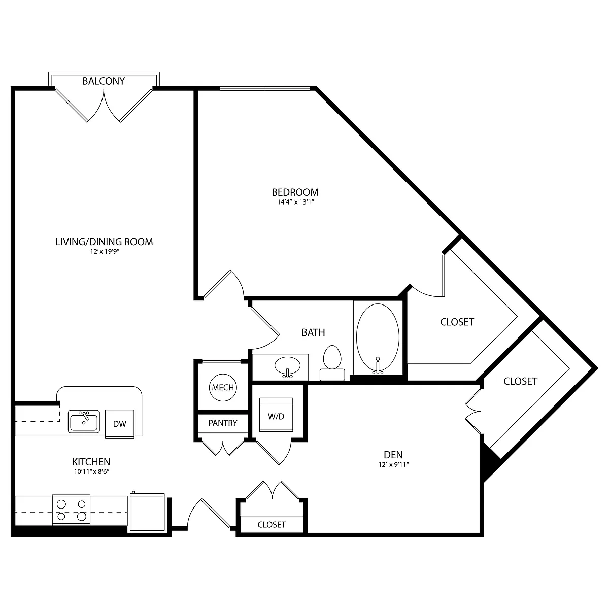 Floor plan 1 Bedroom + Den, 1 Bath 951 SF B1