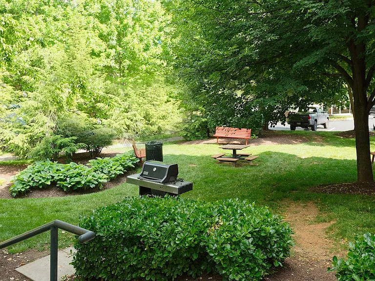Landscaped courtyard with barbecue grills and seating