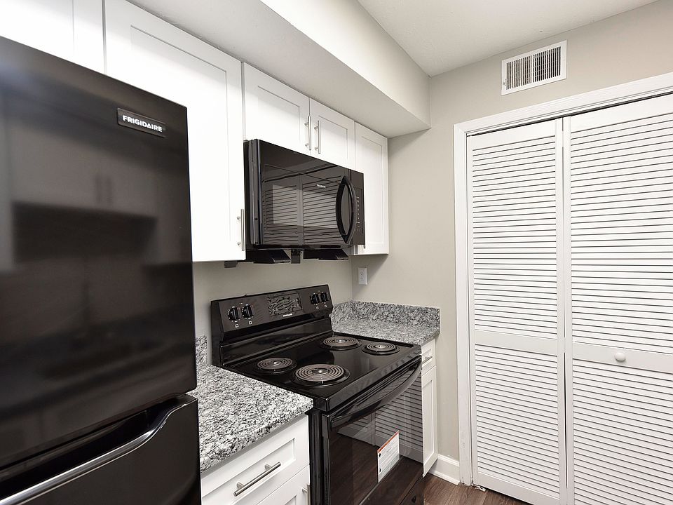 Kitchen with granite counters, modern cabinetry, and black appliances