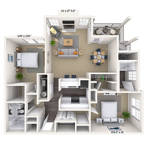 Floor plan Traditional 2x2 1141-1247 SF