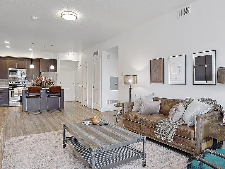 Open-concept layout connecting kitchen and living areas.