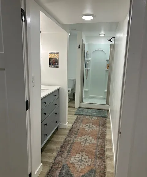 New bath with spa-like shower and smart cabinet with usb hook up