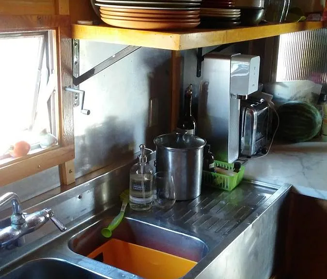 kitchen, open storage, pantry, 3 part commercial sink