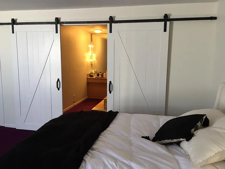 Large Bedroom, barn doors open to large bathroom with large vanity, full size tub and separate toilet