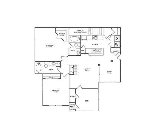 Floor plan Two Bedroom Two Bath With Garage (1090 SF)