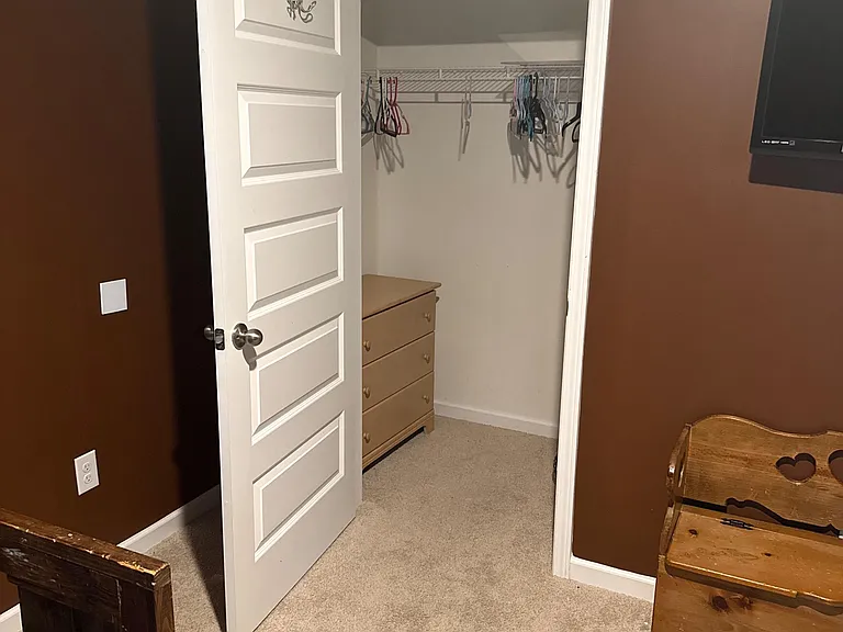 Bedroom storage includes a walk-in closet with wire shelving and hanging space for easy organization.