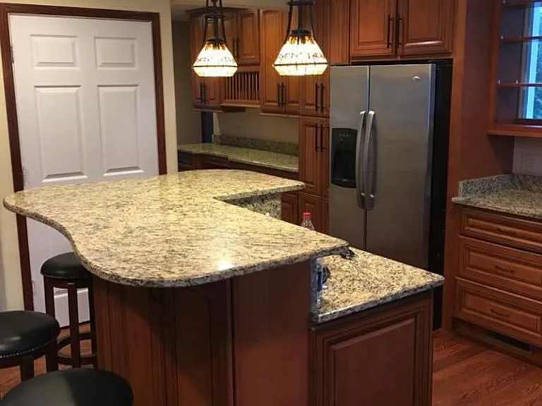 Kitchen with view of multi-level island