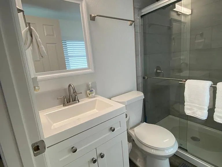 Impeccable bathroom with shower, toilet, sink and essential amenities